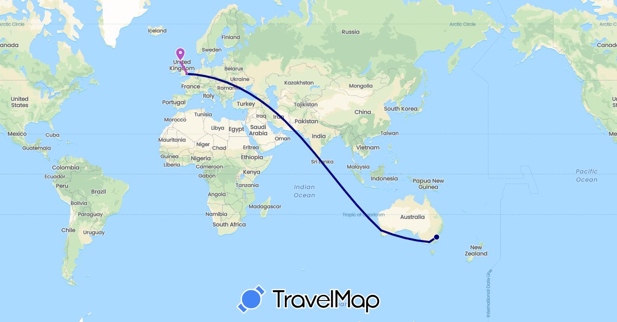 TravelMap itinerary: driving, train in Australia, United Kingdom (Europe, Oceania)