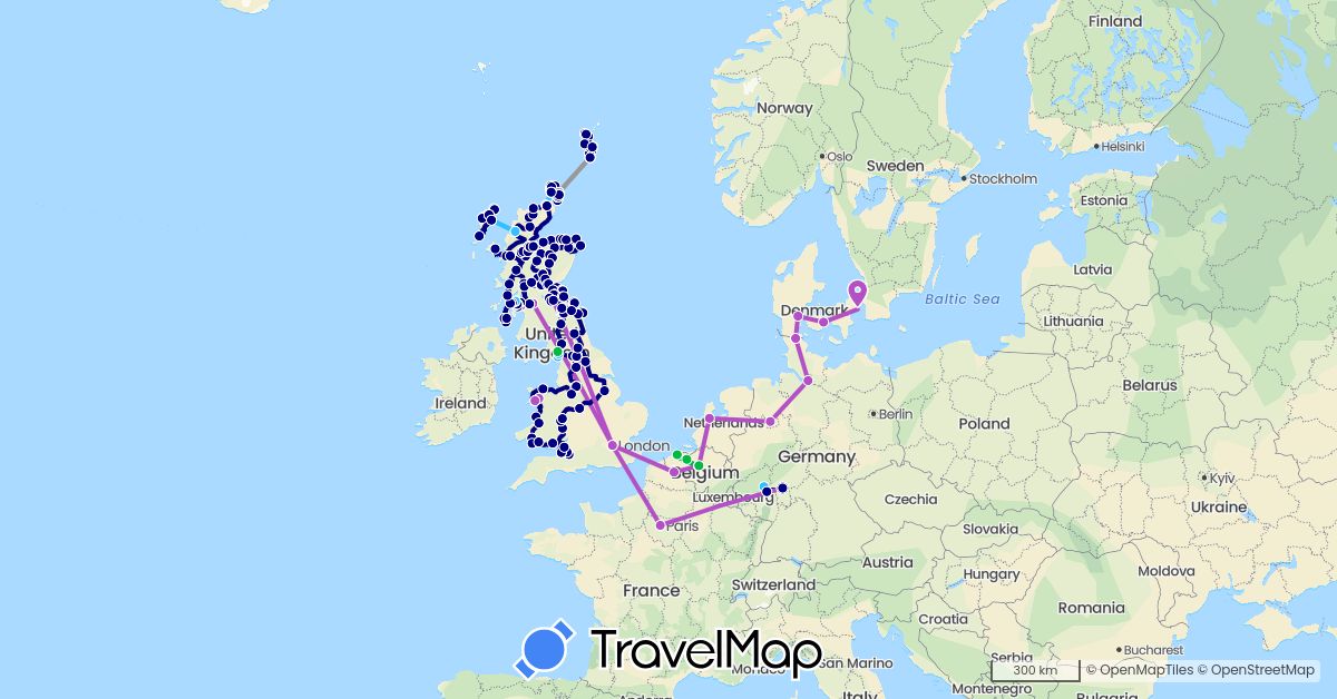 TravelMap itinerary: driving, bus, plane, train, boat in Belgium, Germany, Denmark, France, United Kingdom, Netherlands (Europe)